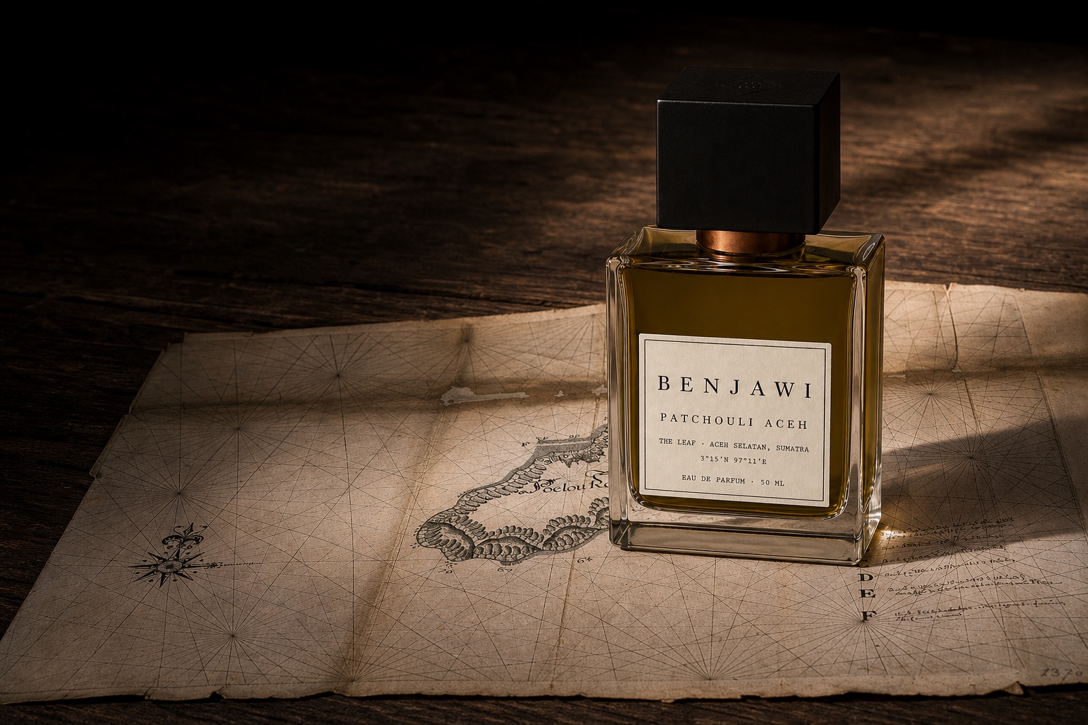 A Benjawi Patchouli Aceh eau de parfum bottle standing on an early seventeenth-century map of Run