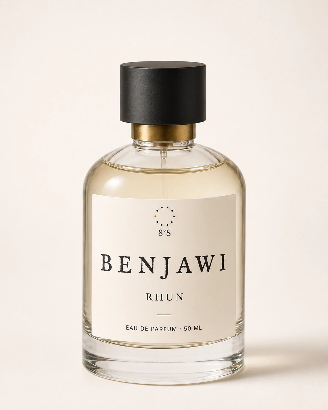 Benjawi Rhun eau de parfum in a round clear-glass bottle with a satin black cap and a bone label.